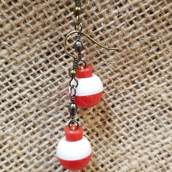Let's Go Fishing Angler Earrings With Mini Bobbers Handcrafted Jewelry - Picture 2 of 3